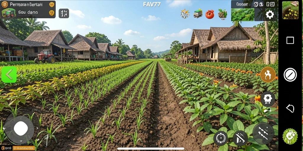 Tangkapan layar Gameplay FAV77 menampilkan kebun yang indah dan aktivitas bertani.