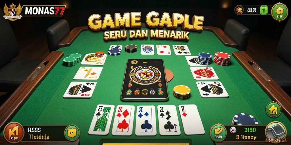 Screenshot MONAS77 menampilkan gameplay Gaple yang seru dan interaktif.