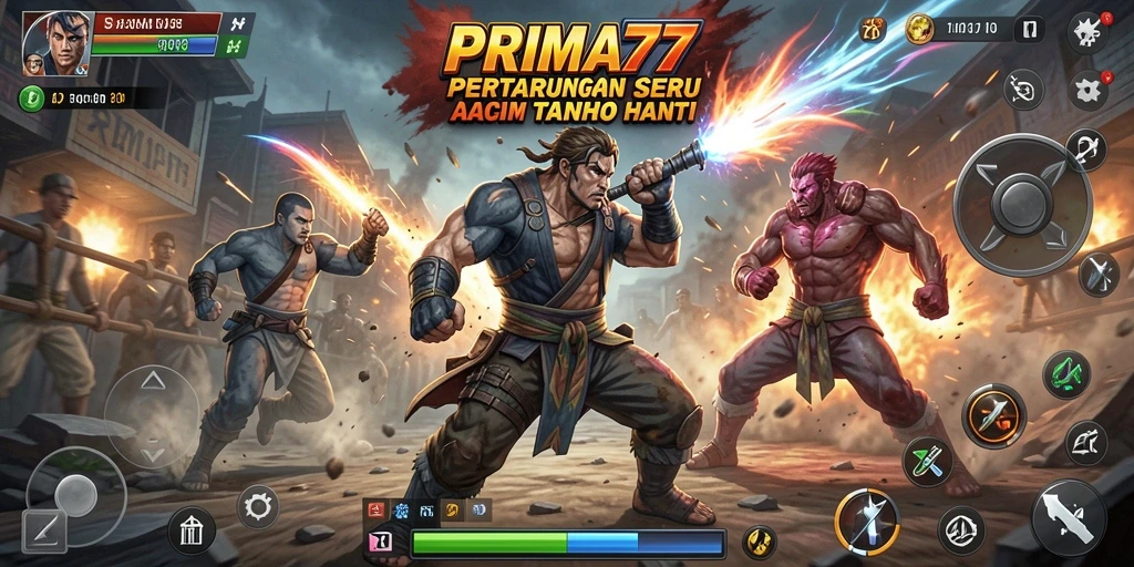 Screenshot PRIMA77 menunjukkan pertarungan intens antara karakter-karakter aksinya.
