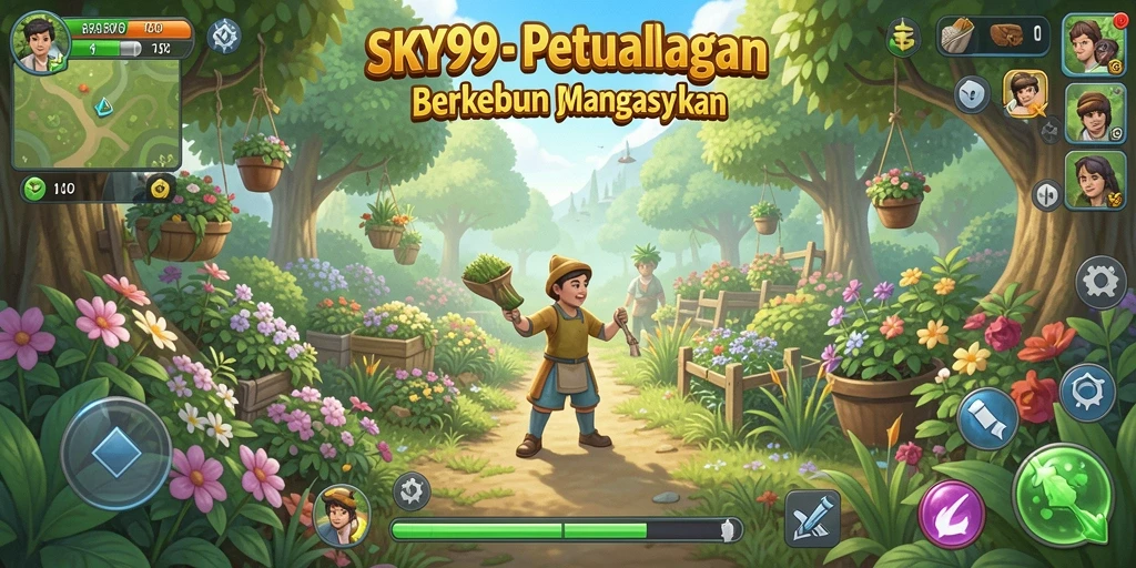 Tampilan gameplay SKY99 dengan kebun yang rapi dan berwarna-warni.