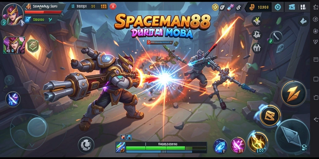Tampilan aksi seru dalam SPACEMAN88 yang menggambarkan gameplay MOBA.