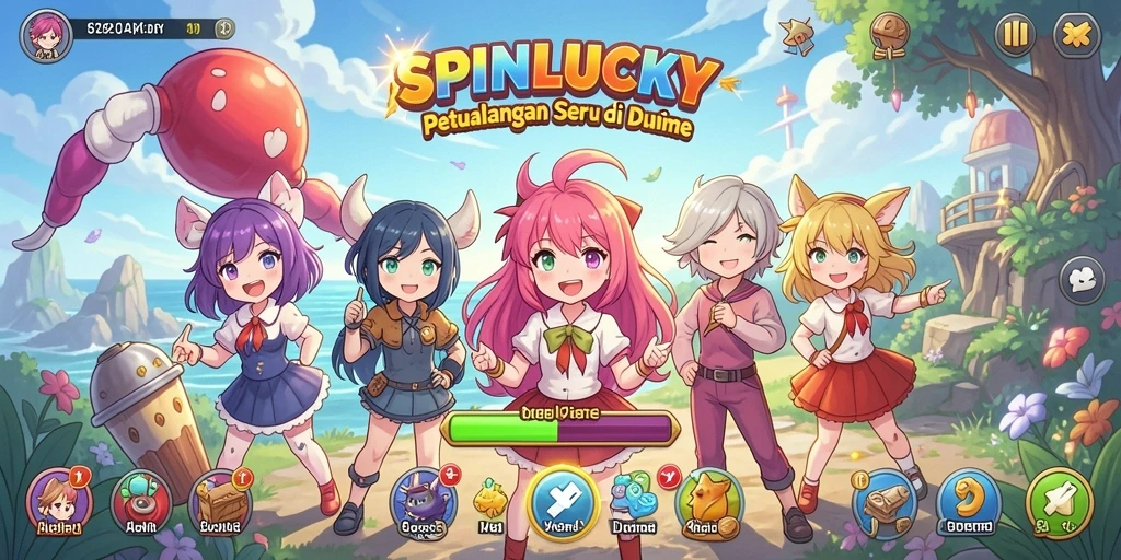 Tampilan gameplay SPINLUCKY dengan karakter anime yang menarik.